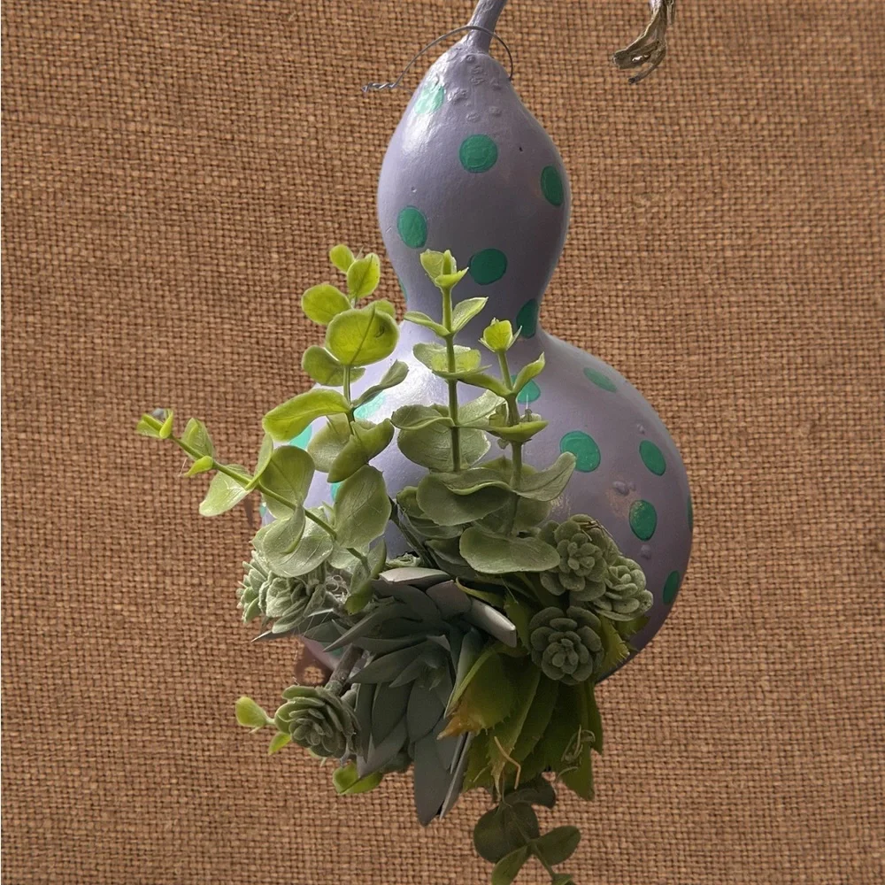 Hand crafted painted dried gourd planter purple aqua blue dots faux succulents - Picture 4 of 16
